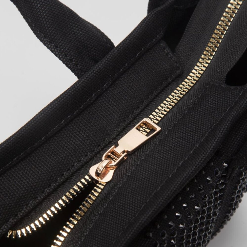 Natural Tan Rhinestone Mini Tote Crossbody Bag | Sparkly Canvas Zip Purse NEW - Picture 6 of 9